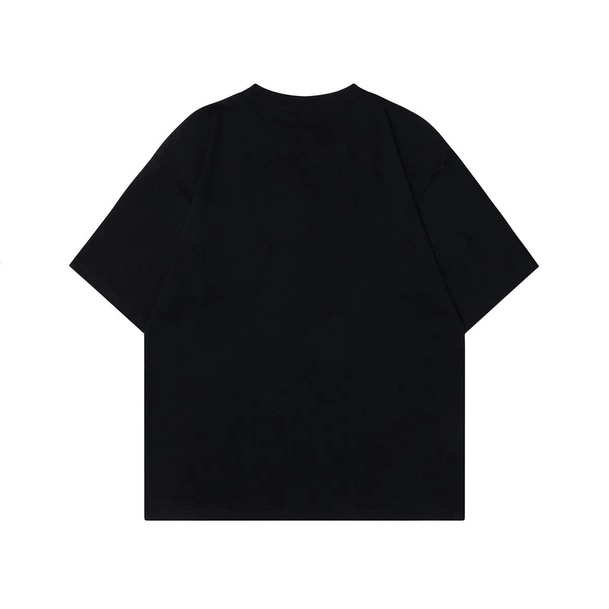 Man wearing a black loose-fit cotton T-shirt with a retro character design print on the front.