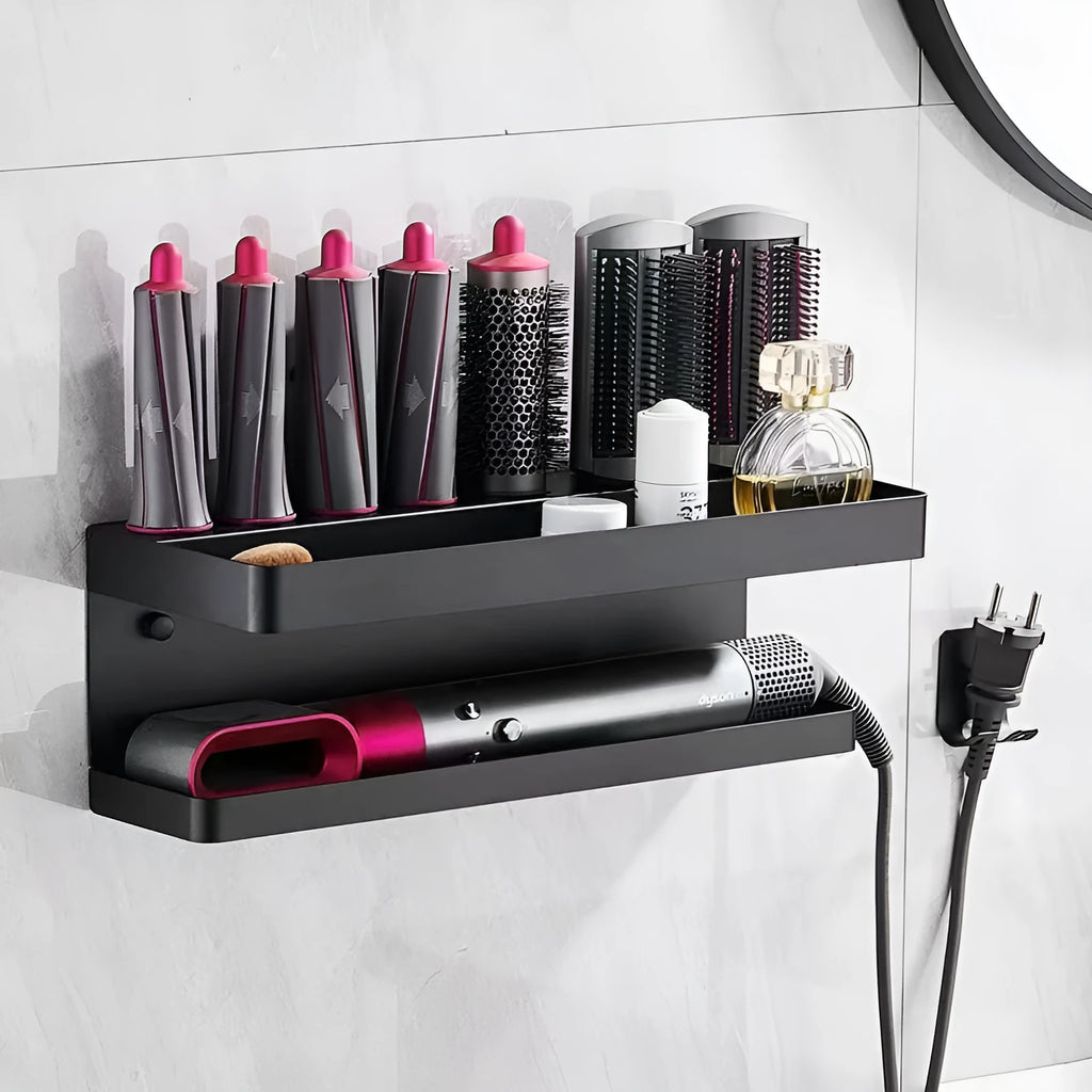 Aluminium double-layer punch-free bathroom storage rack for hair curlers in black colour