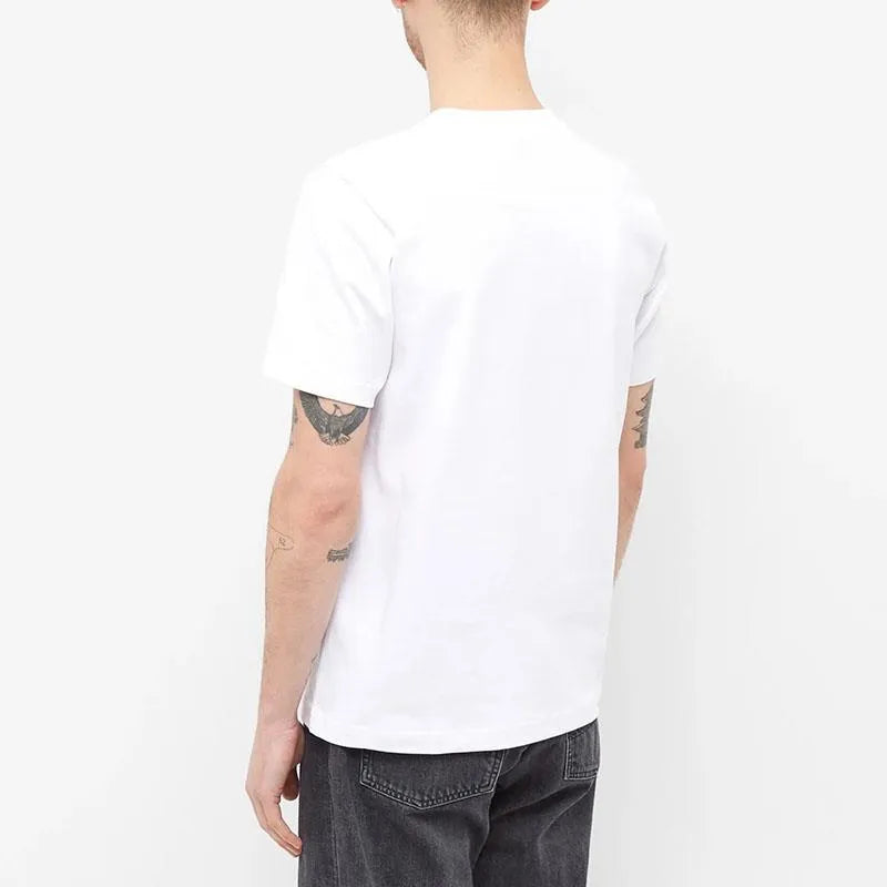 White short sleeve T-shirt with afternoon tea and hamburger print, stripe pattern, loose linen top in S M L XL