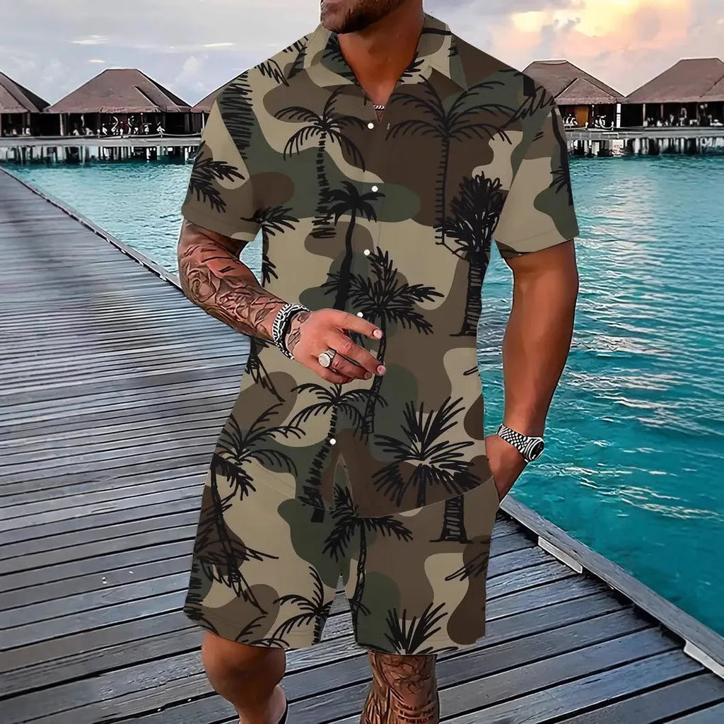 Men's Hawaii print short sleeve top and matching shorts leisure suit set on a hanger