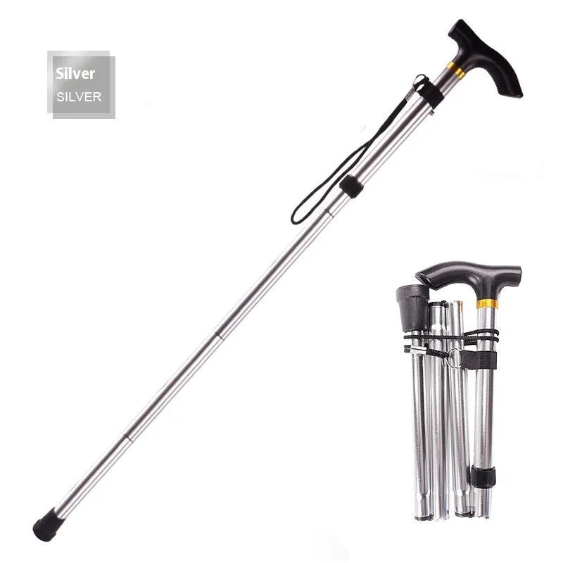Adjustable aluminium folding walking cane extended to show telescopic design and non-slip handle