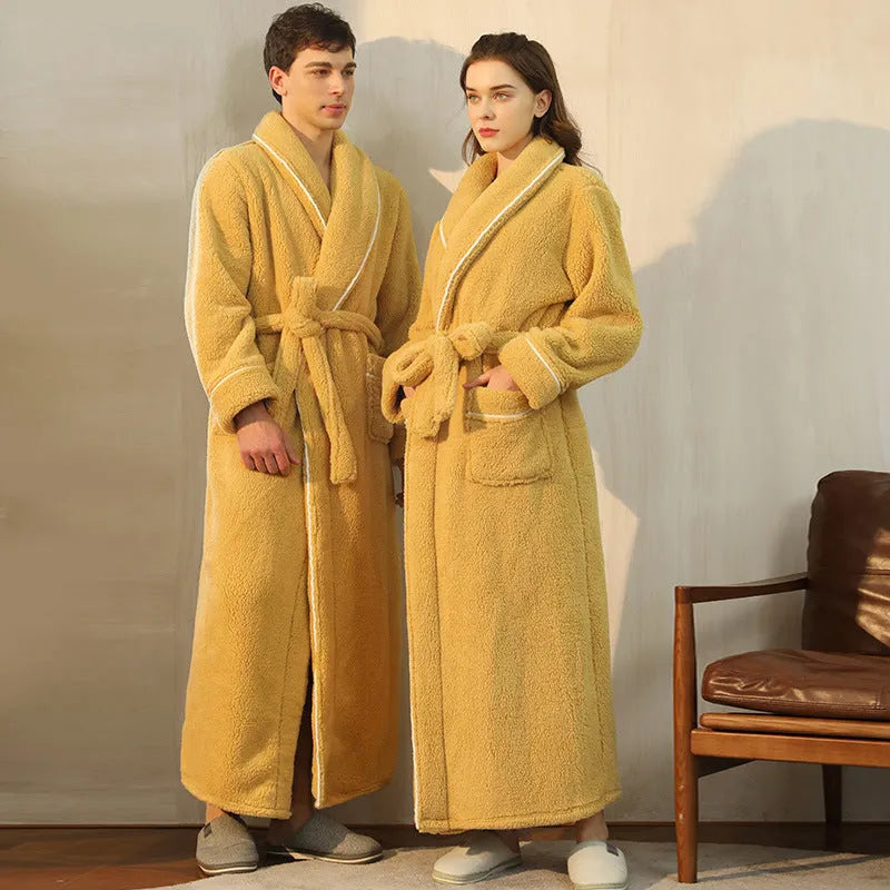 Man and woman wearing matching thick plus size flannel bathrobes in Angola red, winter nightgown pajamas.