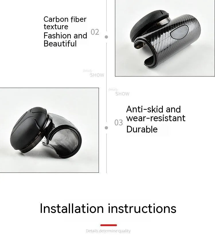 Black and blue silicone steering wheel assist ball for single-handed driving on a car steering wheel.