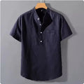 Men's loose-fit solid colour slub linen short sleeve shirt with stand collar