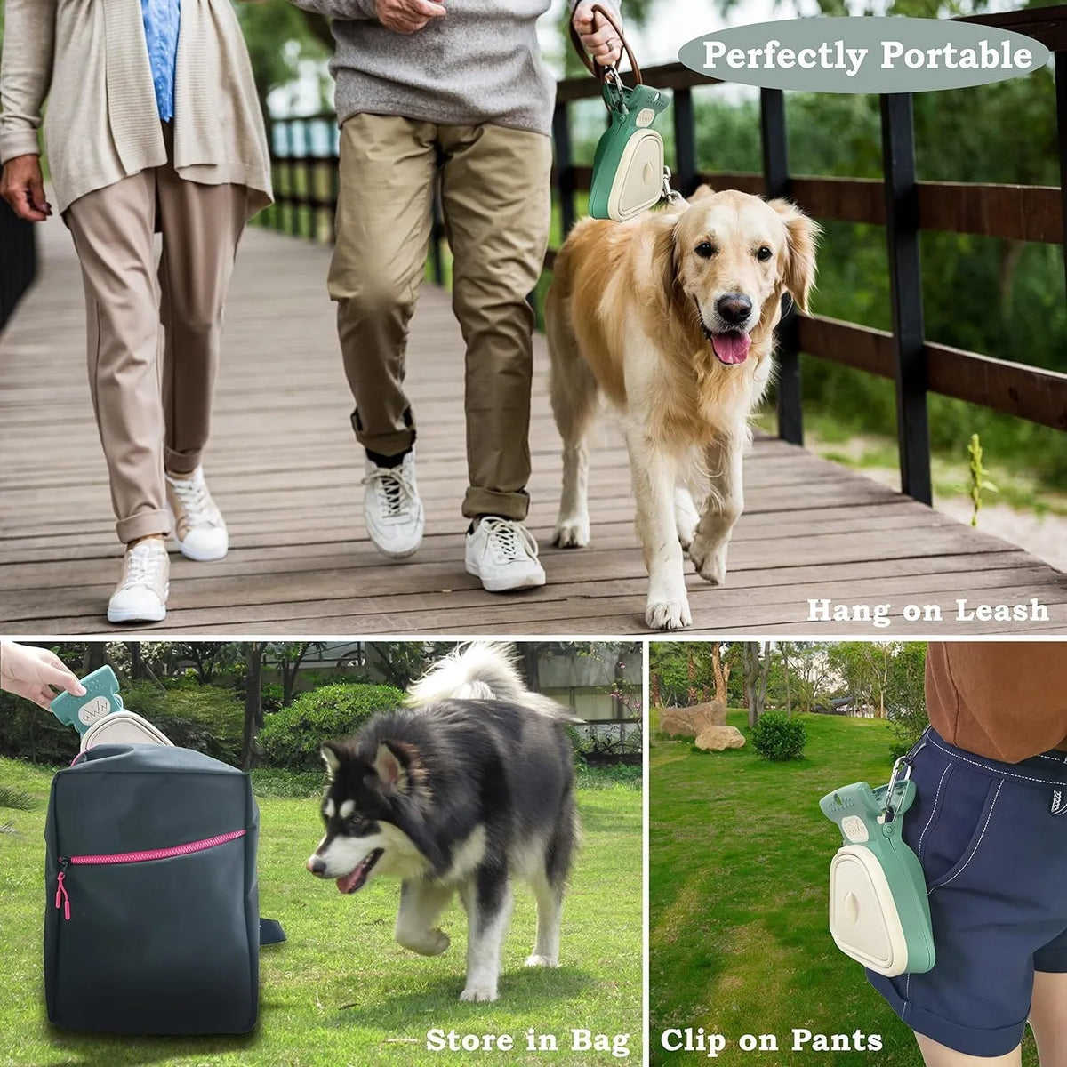 Blue portable pooper scooper with clip and expandable waste container for dog walking.