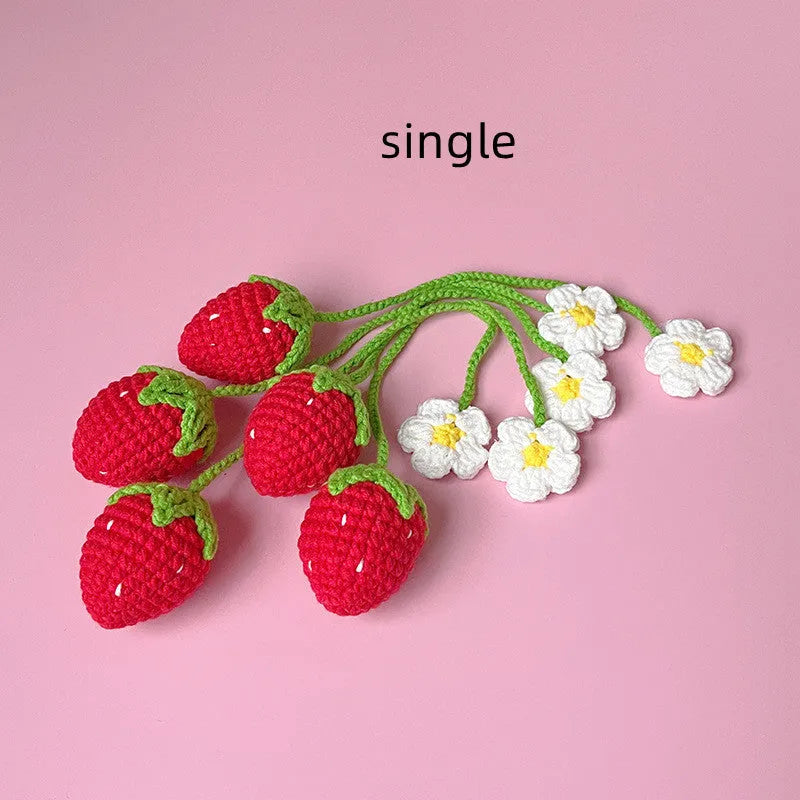 Wool crochet woven strawberry pendant with 35cm cord in pink or red colour options