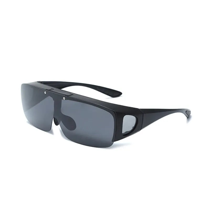 Pair of polarised myopia sunglasses with a one-piece frame, shown with dark lenses for outdoor sports use.