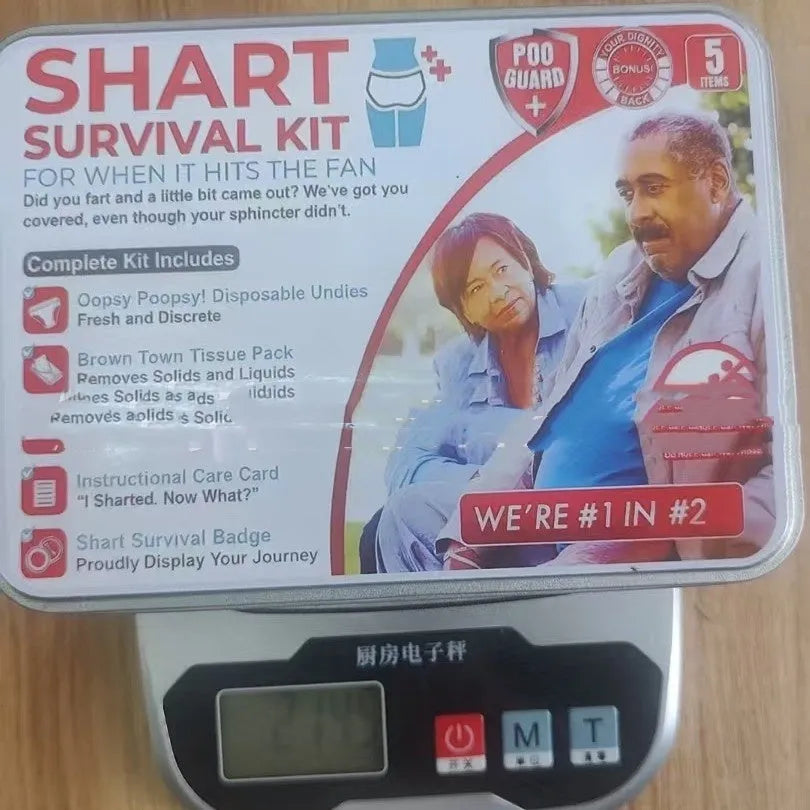 Poop gift set survival kit with wet wipes, dry wipes, disposable underwear, badge and instruction card, 276g, 17x12x4cm