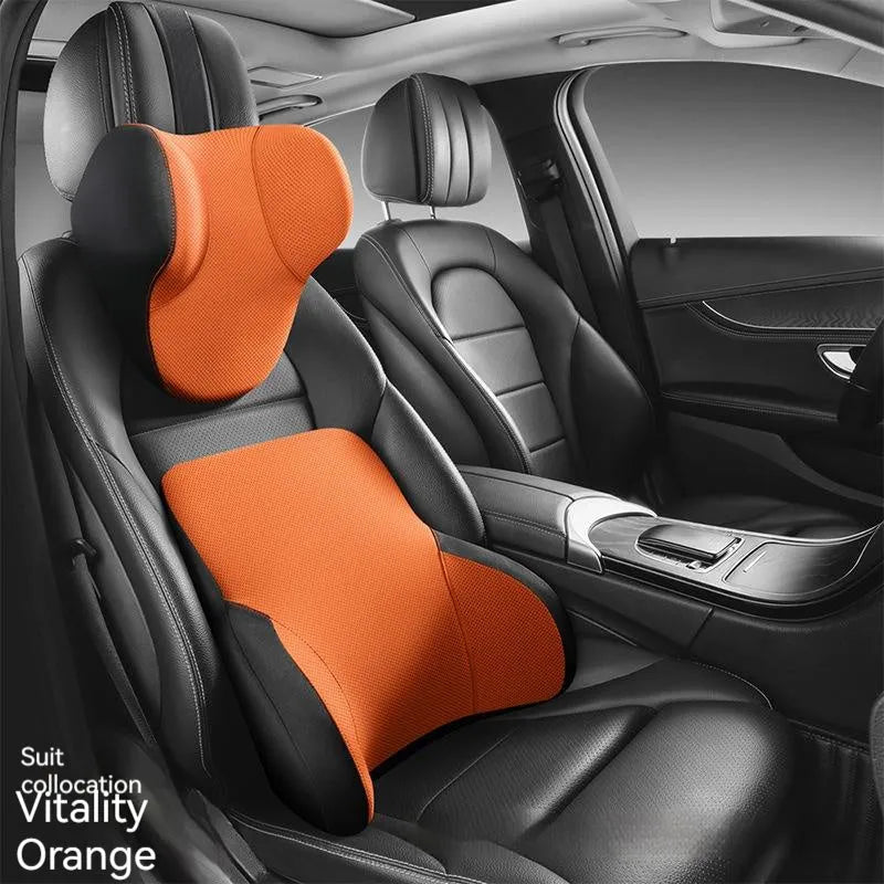 Memory foam car headrest pillow and matching lumbar support pillow with knitted fabric.