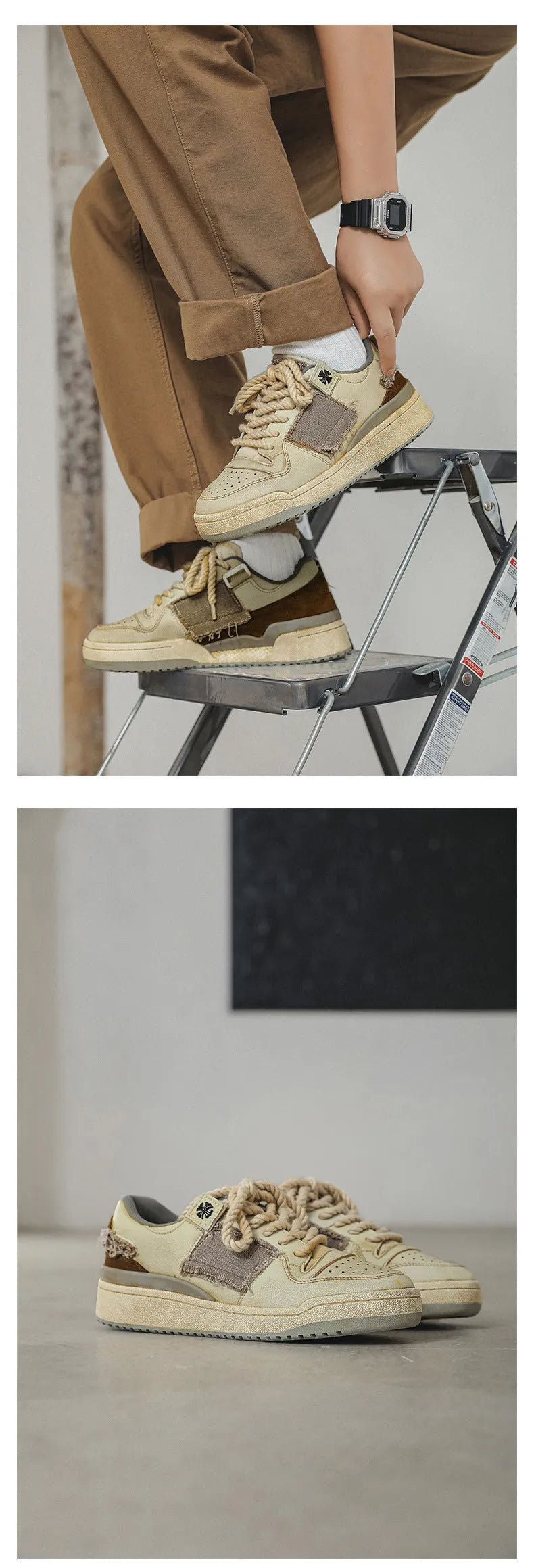Beige low-top men's skateboard sneakers with a round toe and front lace-up on a rubber sole.