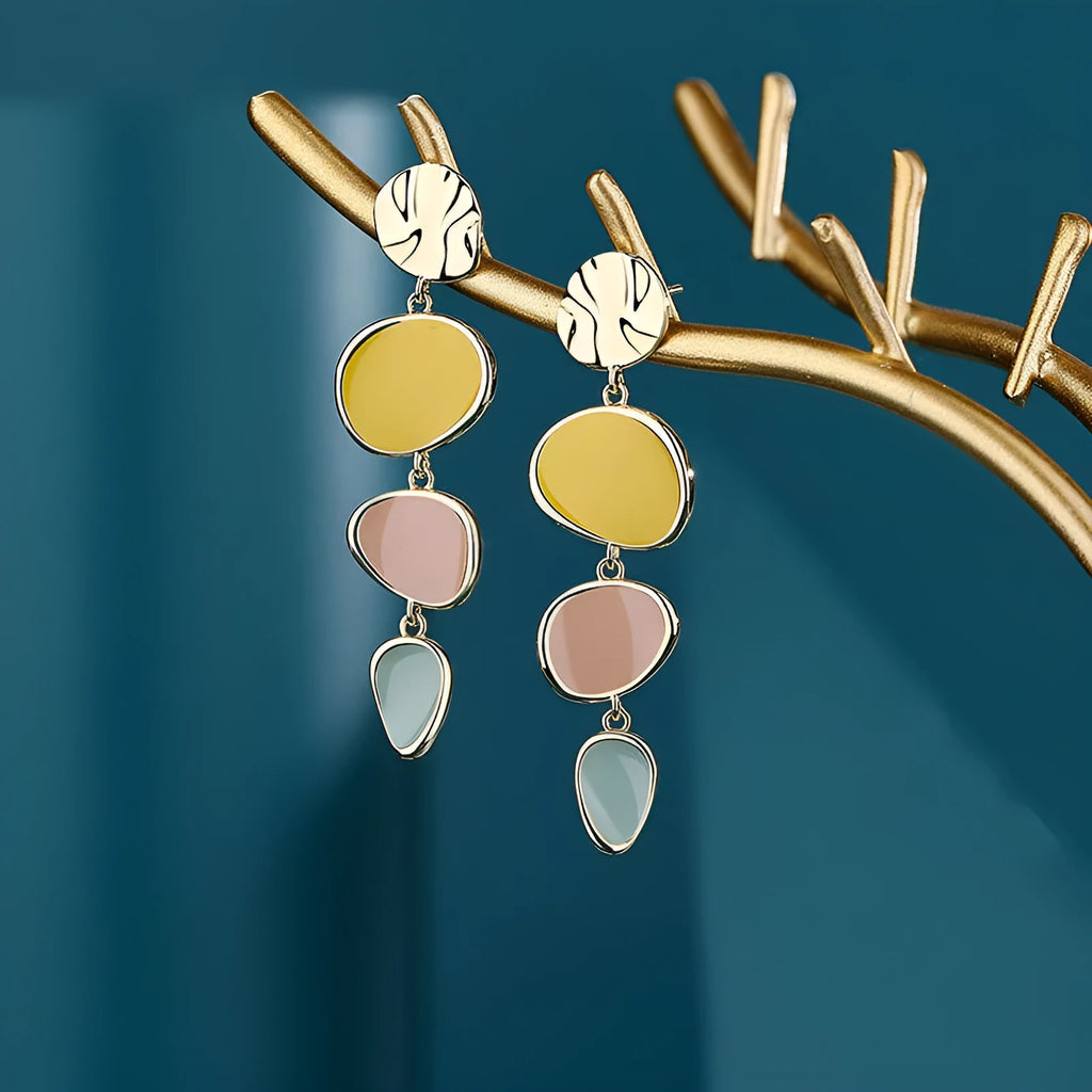 Morandi three-colour wafer disc earrings with dripping oil effect on sterling silver finish alloy.