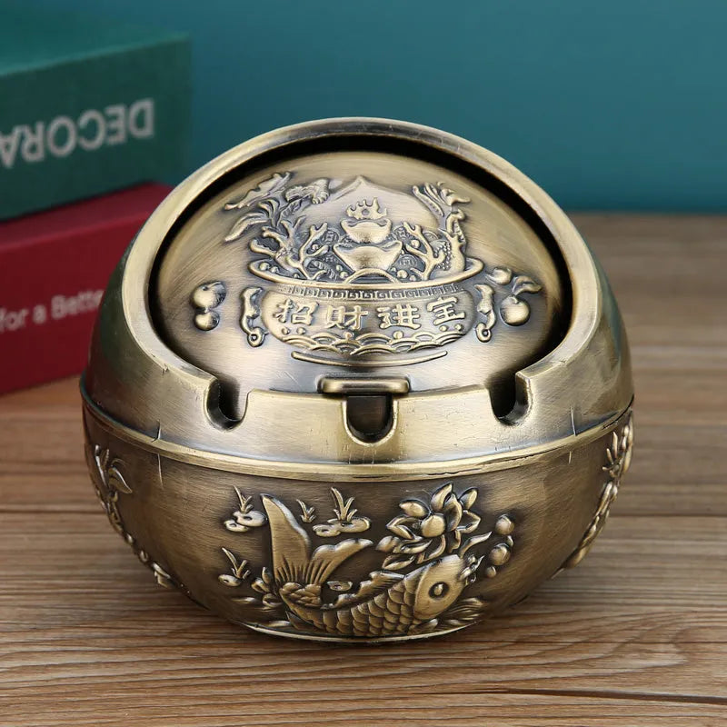 Bronze decorative ashtray with smoke extinguishing slot featuring traditional dragon design