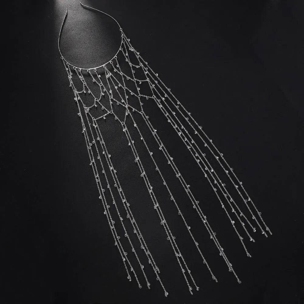Gold mesh hair band with rhinestone decoration and tassel detail for formal hairstyles