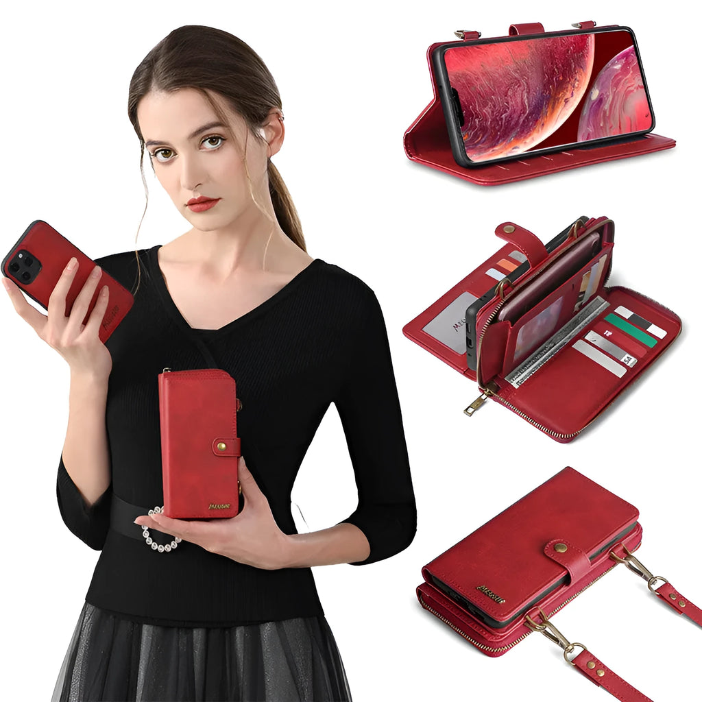 Detachable wallet phone case showing magnetic backpack separated from PC flip cover for Samsung and iPhone