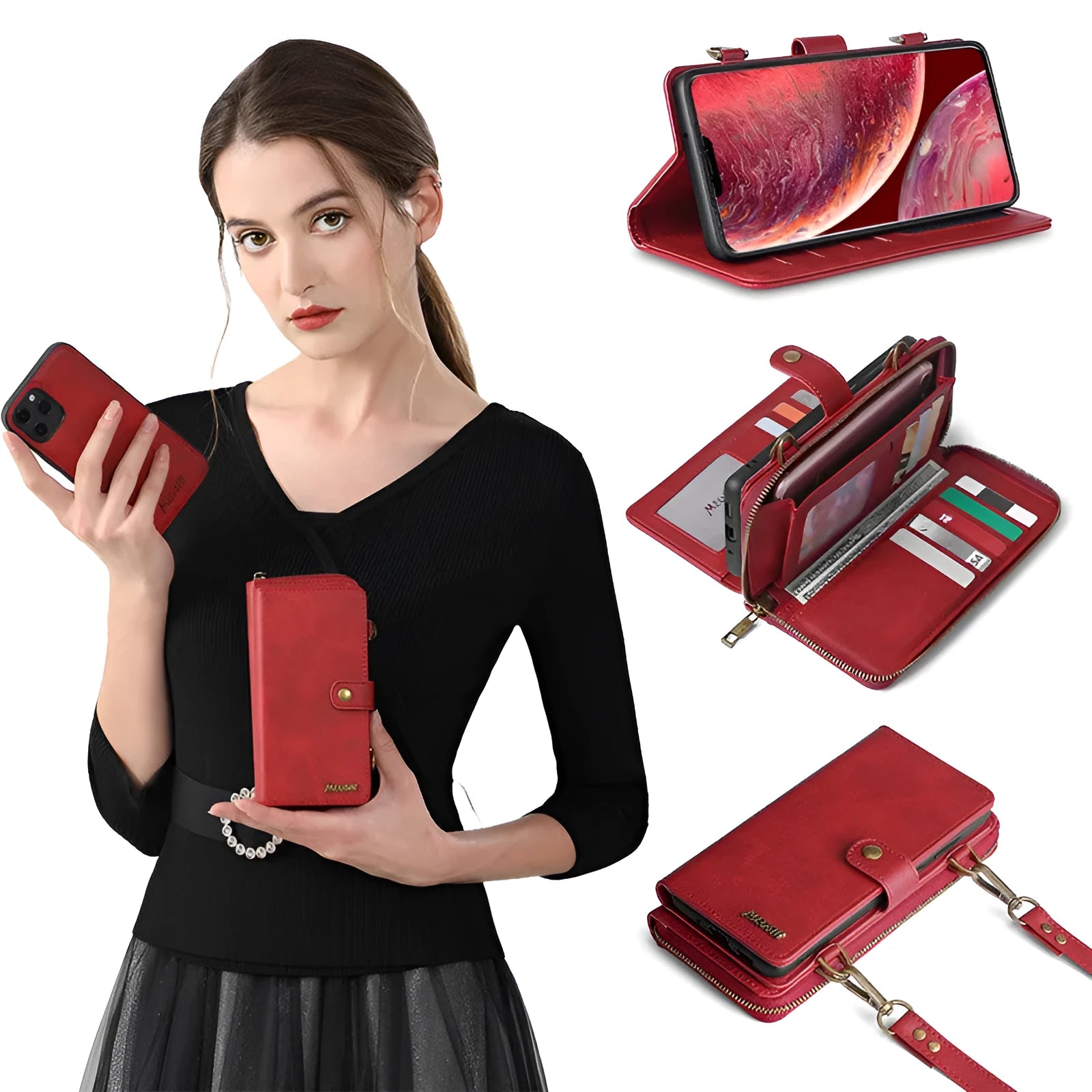Detachable wallet phone case showing magnetic backpack separated from PC flip cover for Samsung and iPhone