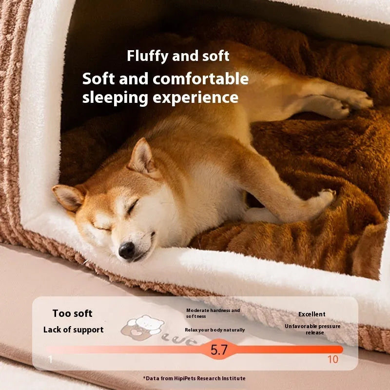 Small dog cave bed with three-dimensional bear design, jacquard pea velvet, and removable nest in various colours.