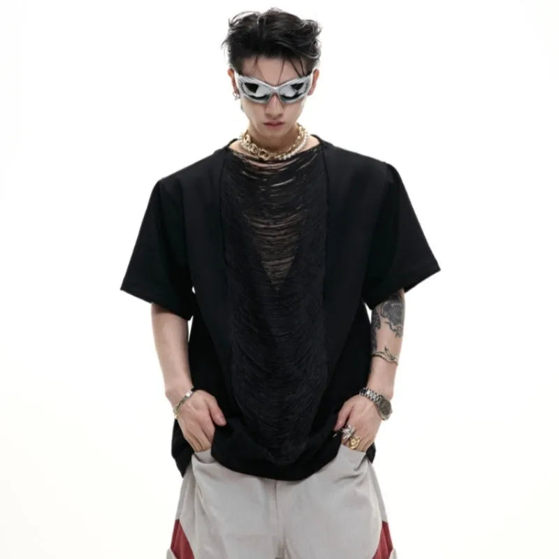 Men's drum black hollow out V-neck T-shirt with short sleeves and tassel detail