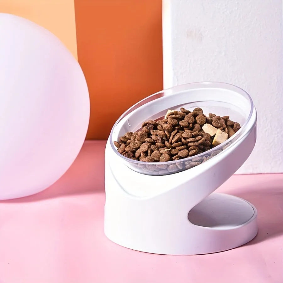White elevated cat food bowl with ergonomic anti-vomit tilt design