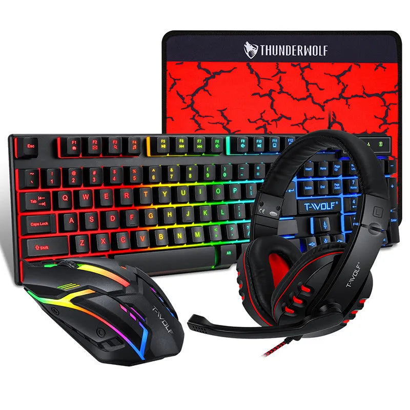 Thunder Wolf T800 four-piece gaming set with keyboard, mouse, headset and illuminated mouse pad