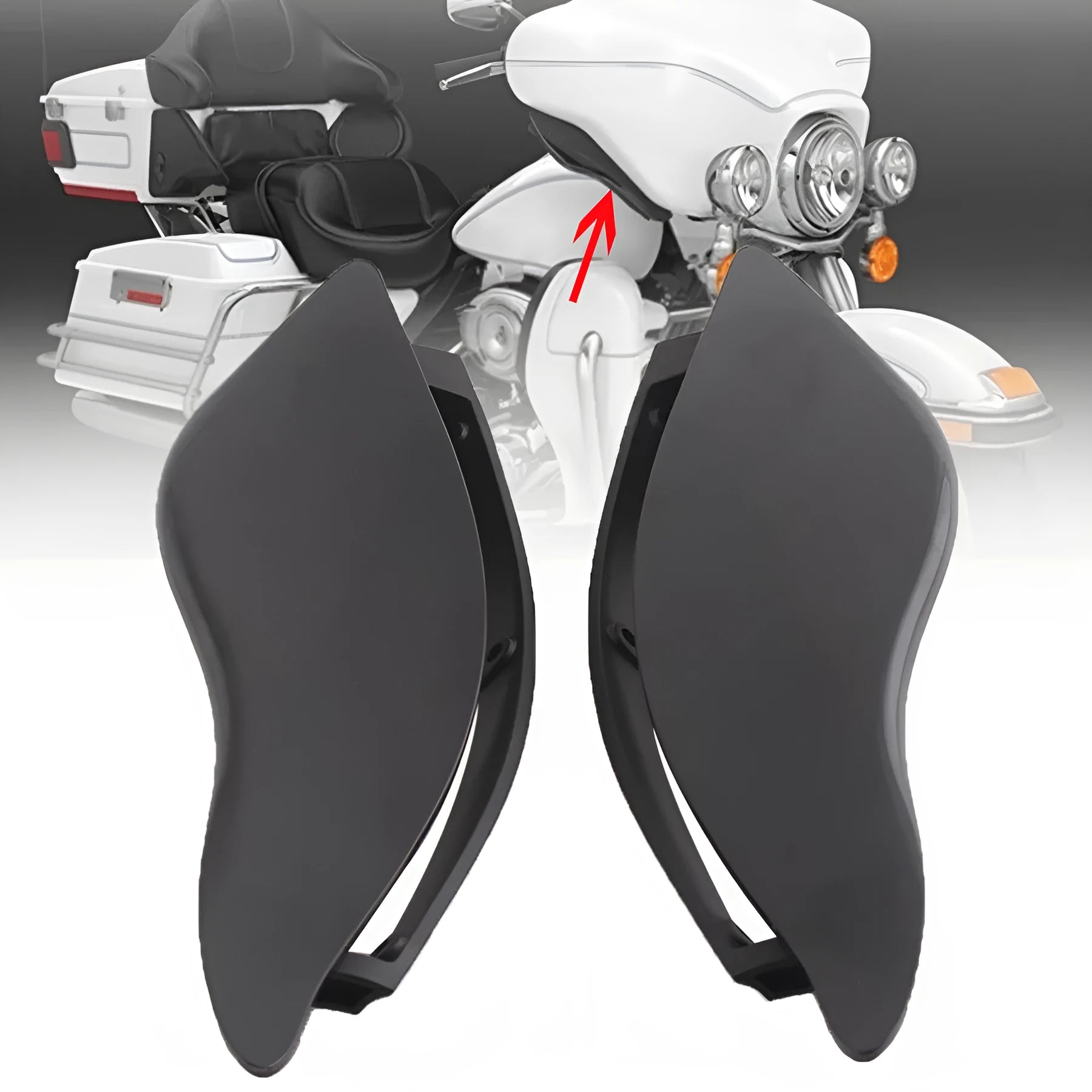 Harley-Davidson motorcycle windshield side wing kit in ABS plastic, smoked and black options