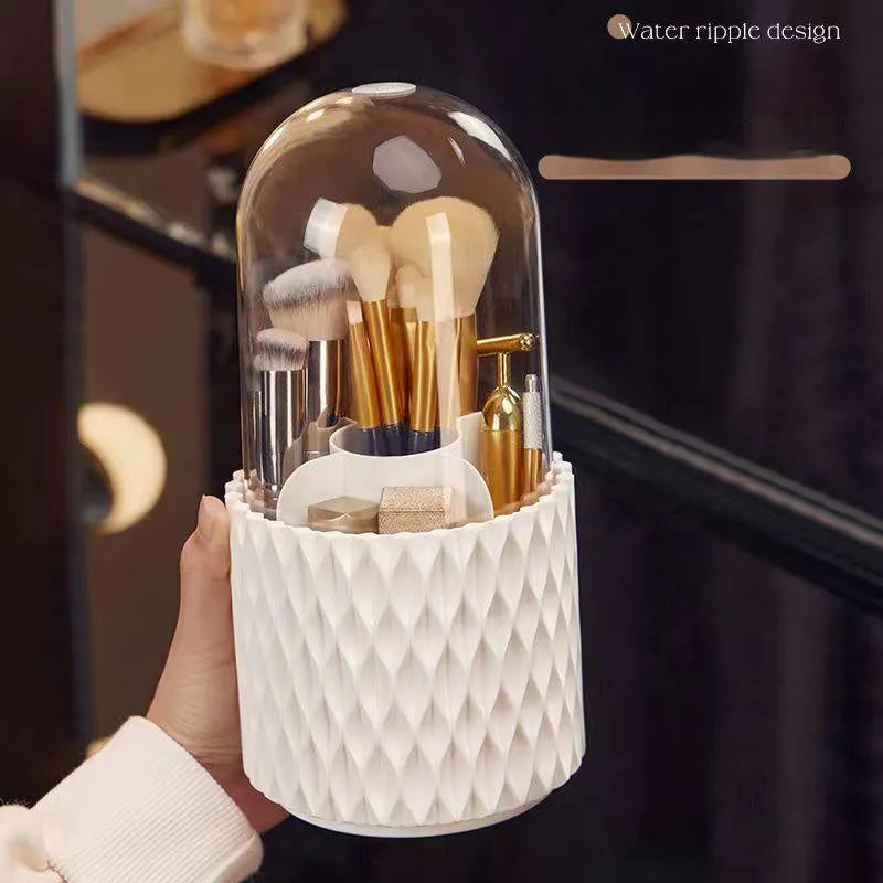 White acrylic rotating makeup brush storage holder with transparent lid and split compartments