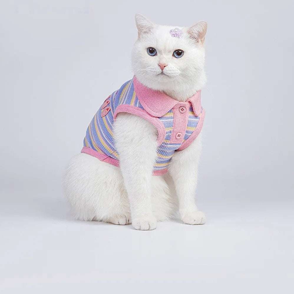 Pink purple fleece-lined autumn vest for a small dog or cat on a mannequin.