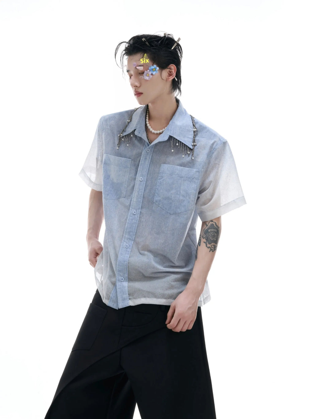 Men's loose fit blue gradient short sleeve casual shirt on a hanger