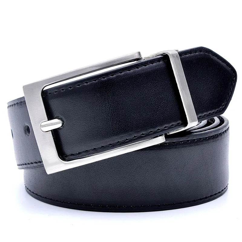Men's brown and black genuine leather belt with rotating alloy pin buckle