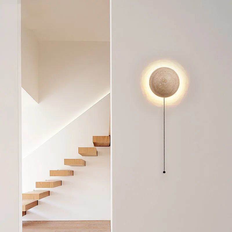 Yellow cave stone semicircle wall lamp with iron frame and pull switch