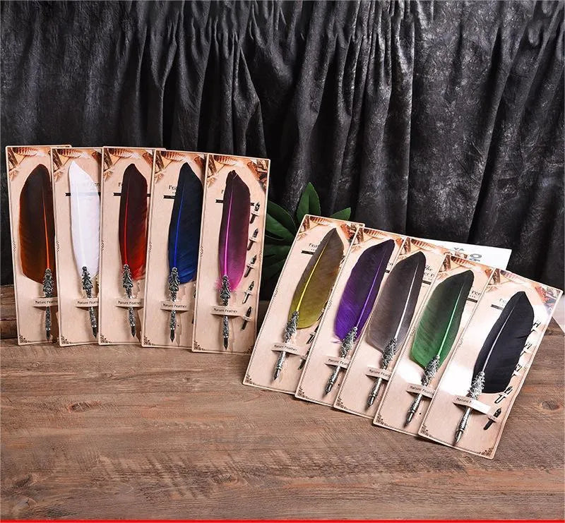 Vintage feather dip pen in multiple colours with zinc alloy construction measuring 30 cm length