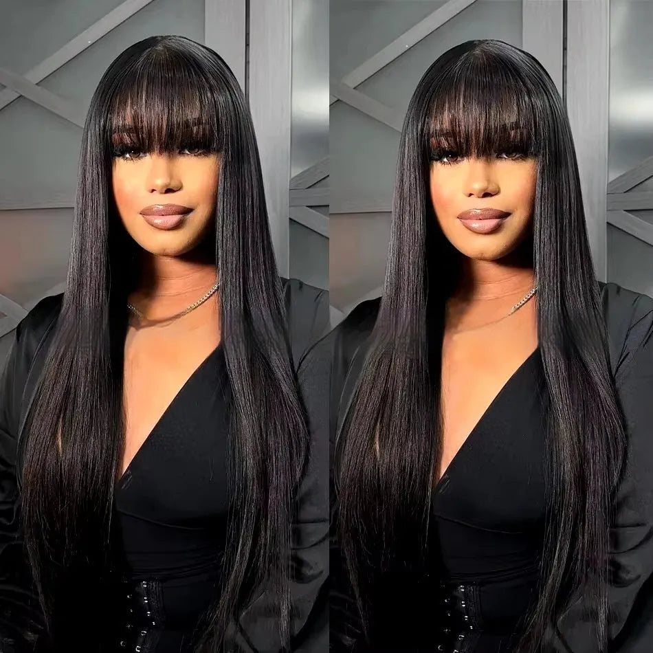 A woman wearing a long, natural-coloured human hair wig with a full-mechanism headgear base.