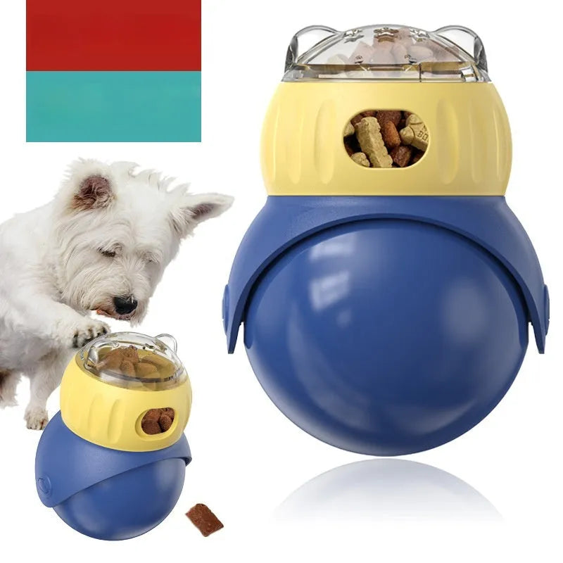 Owl-shaped plastic cat puzzle feeder with tumbler mechanism in Morandi yellow and blue colours
