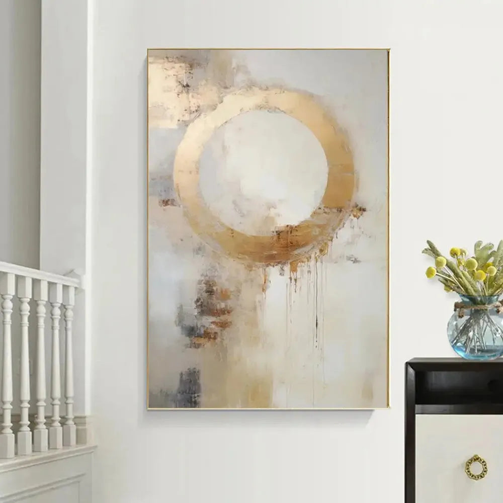 Handmade abstract golden circle oil painting on rolled frameless unstretched canvas for wall art