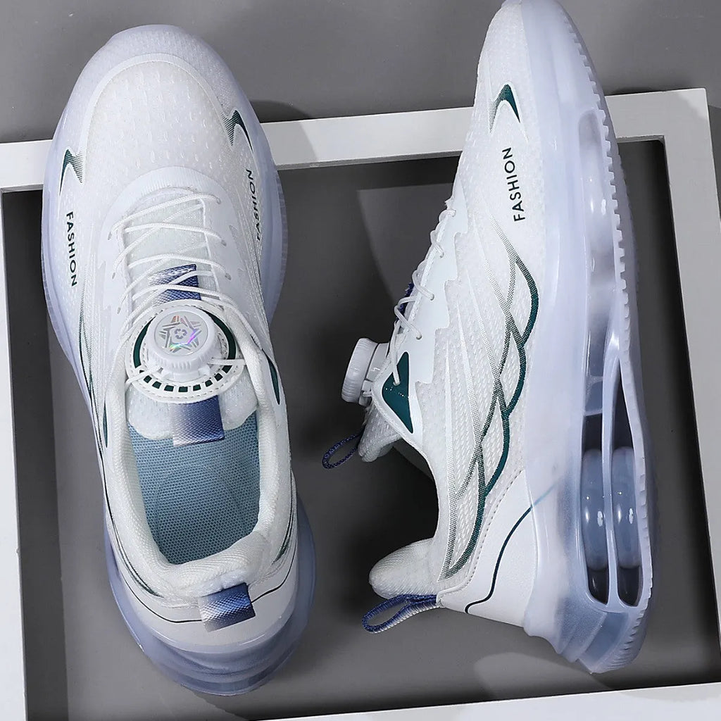 White mesh casual shoes with rotating button closure and round toe design
