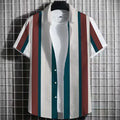 Men's linen t-shirt with 3D printed striped pattern in simple colours, showing short sleeve design