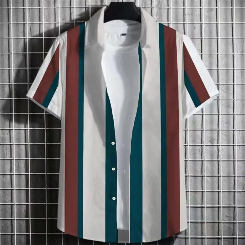 Men's linen t-shirt with 3D printed striped pattern in simple colours, showing short sleeve design