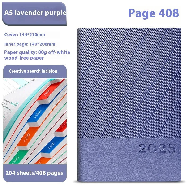 A4 notepad with striped PU leather cover open to show 80g wood-free paper pages
