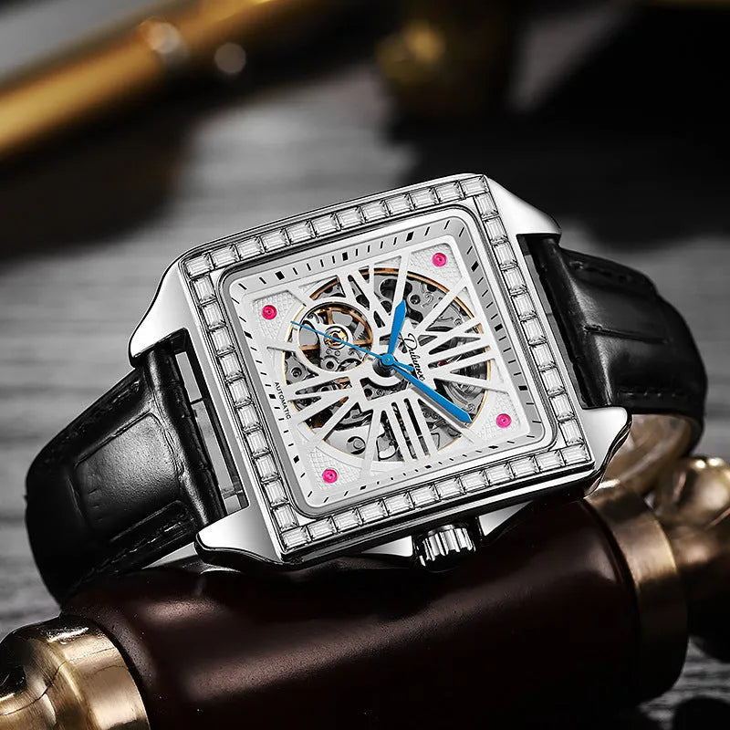 Men's square automatic watch with diamond-studded design on stainless steel case
