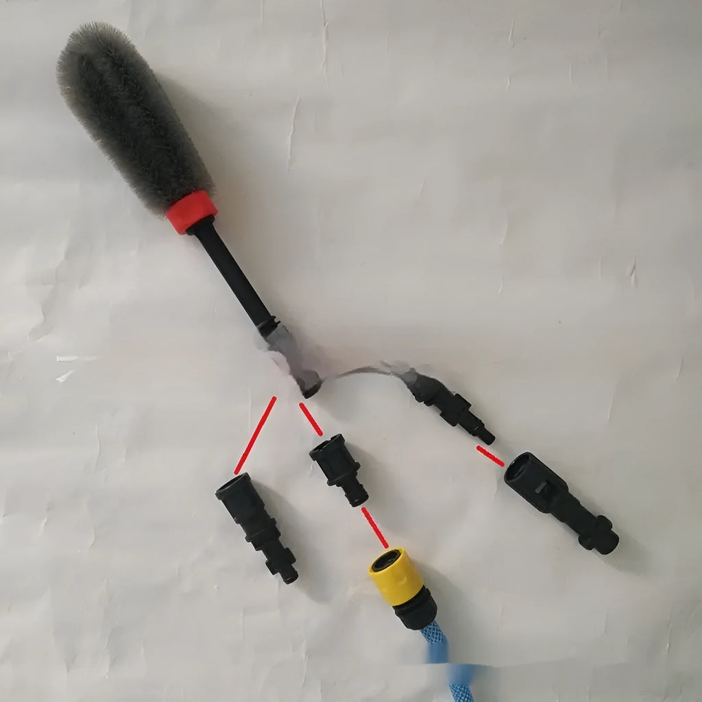 Quick plug high-pressure car wash wheel hub brush with flow-through design, steel wire and PA6 construction