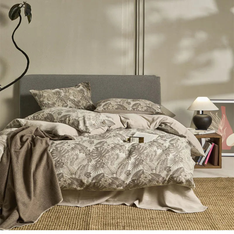 Four-piece linen cotton jacquard bed sheet set with plant floral print, quilt cover 200x230cm, for 1.5m bed