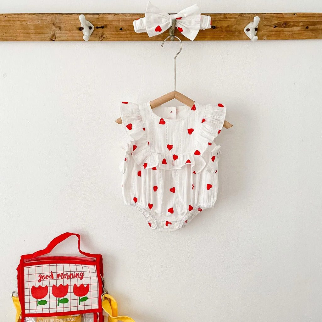 Cotton baby girl romper in Love print, pullover onesie with short climb style, sizes 66cm to 100cm