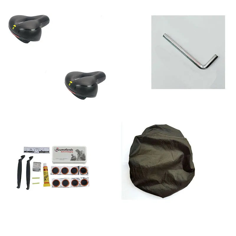 Bicycle cushion with waterproof cover and repair tools including wrench and tire patches