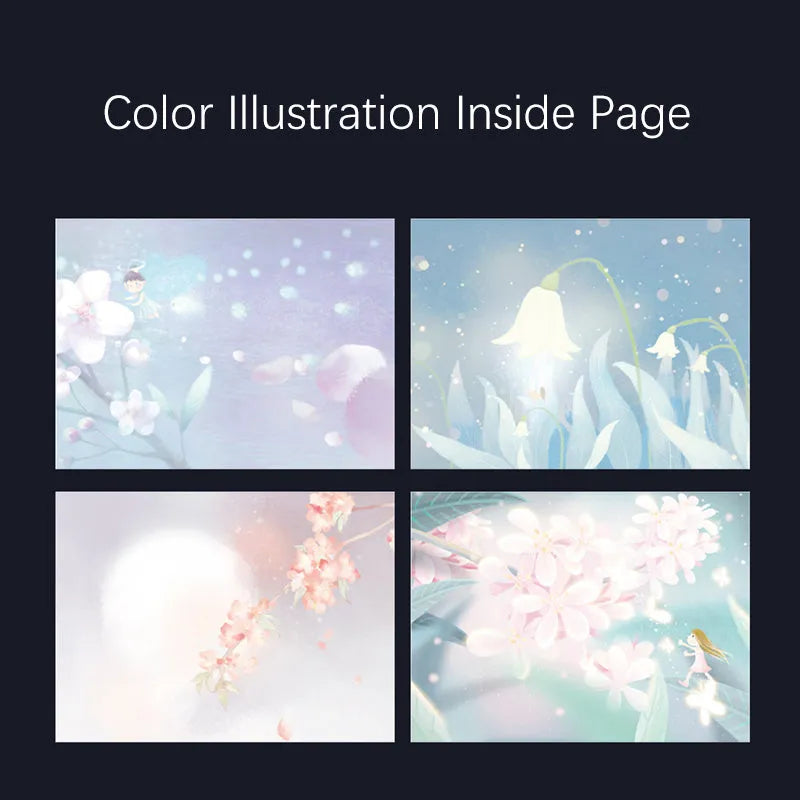 A5 diary notebook with luminous holographic cover open to show pages with colour illustrations.