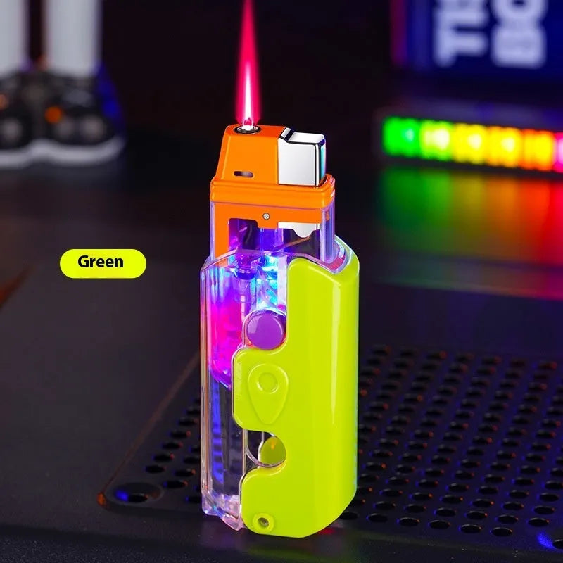 Windproof plastic lighter in luminous orange, purple or green with simple bare metal finish