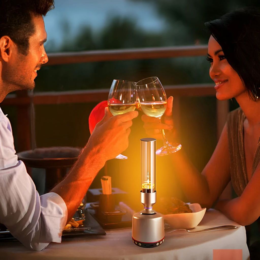 White silver Bluetooth speaker with candlelight-style atmosphere night light, 277mm tall