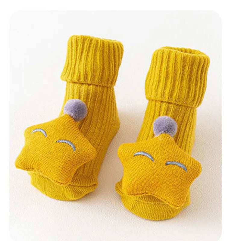 Cotton baby floor socks with anti-slip soles in animal designs for infants and toddlers
