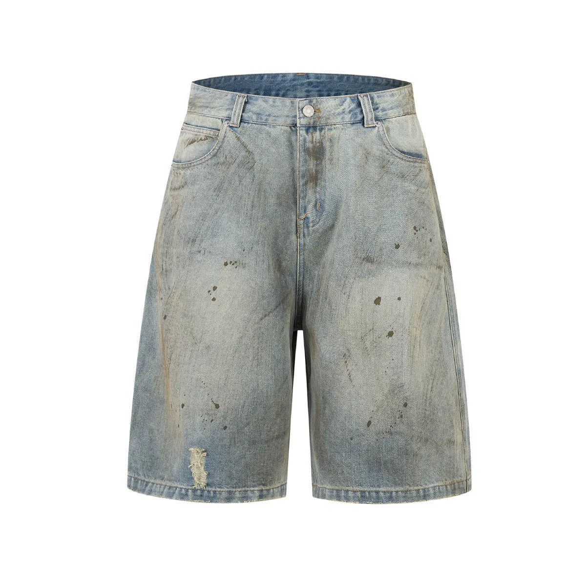 Blue cropped washed denim pants with a straight leg and zip fly, shown laid flat.