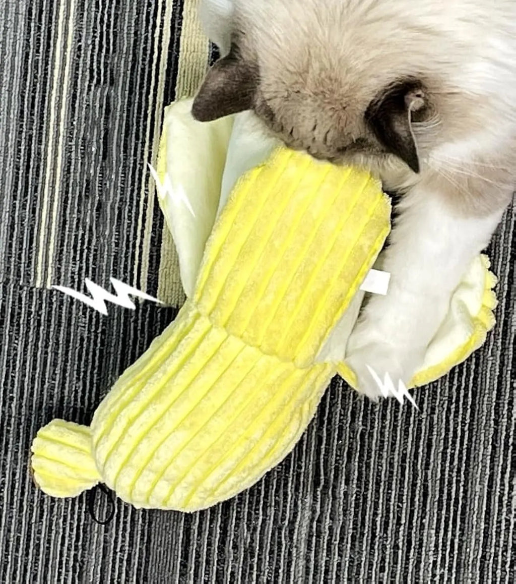 Yellow banana-shaped plush cat toy with crinkle sound, measuring 13 inches long.