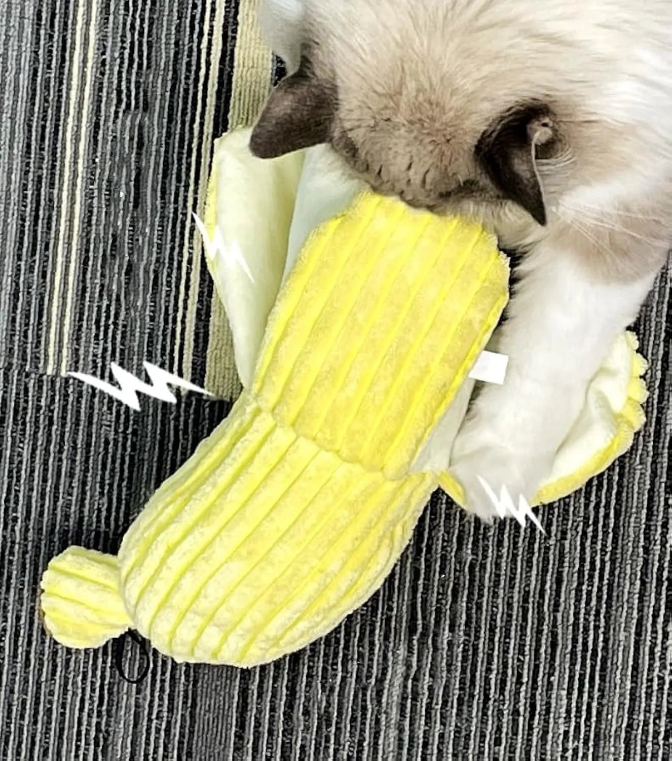Yellow banana-shaped plush cat toy with crinkle sound, measuring 13 inches long.