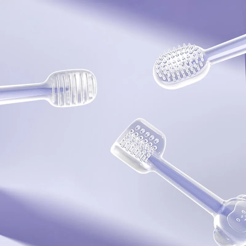 Blue and purple silicone finger toothbrushes for cleaning cat and dog teeth.